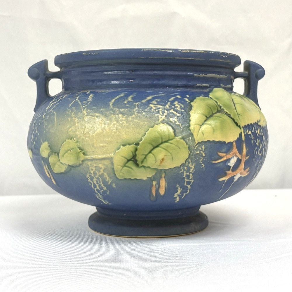 Vtg 1938 Roseville Pottery Blue Fuchsia Pattern 645-5 Urn-Shaped Jardiniere 5.5"